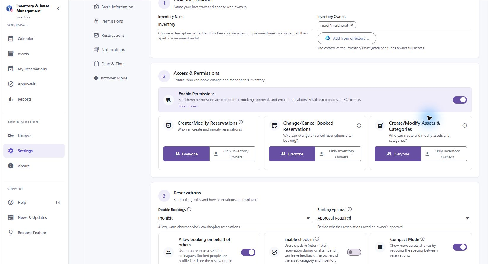 Enable Permissions exposes the reservation and asset management policies.