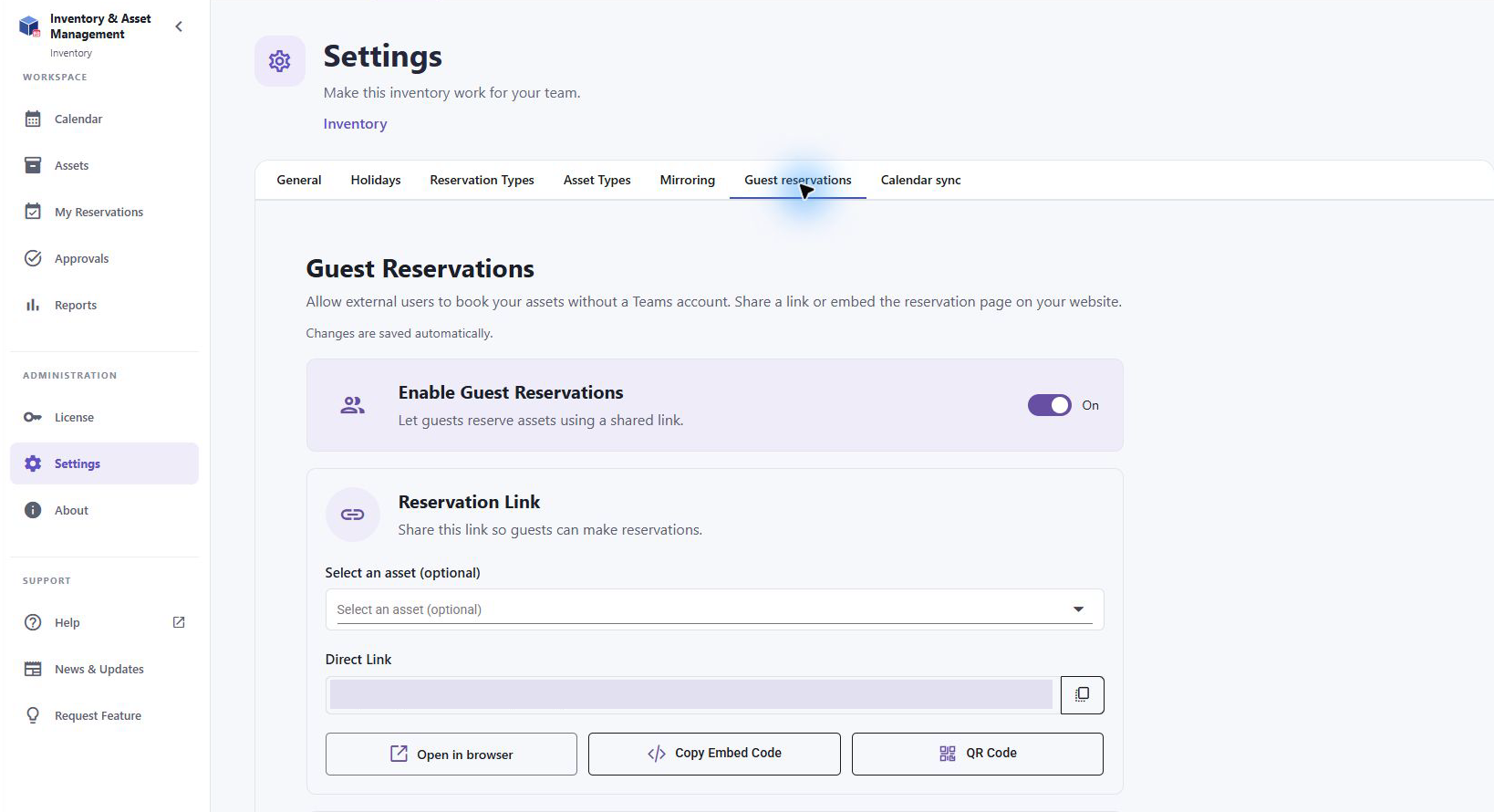 Guest reservations expose a booking link and sharing controls. The live link is masked.