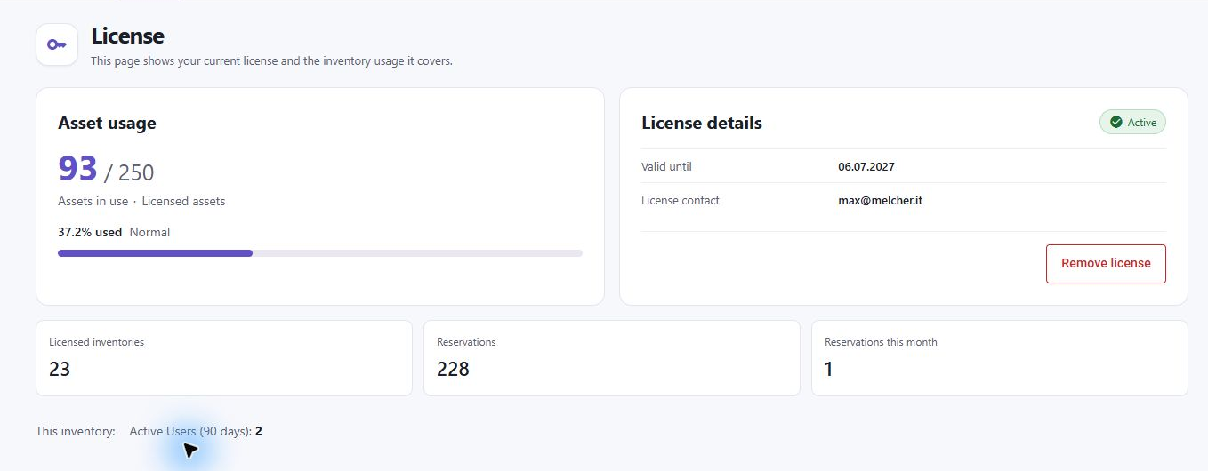 The activated training license shows Active status and available asset capacity.