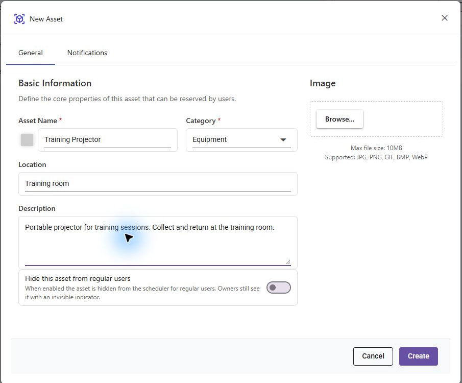 The asset form records name, category, location, description, visibility and an optional image.