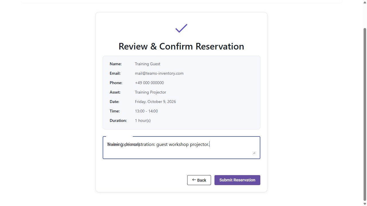 The guest reviews the selected asset, duration, contact details and time before submission.