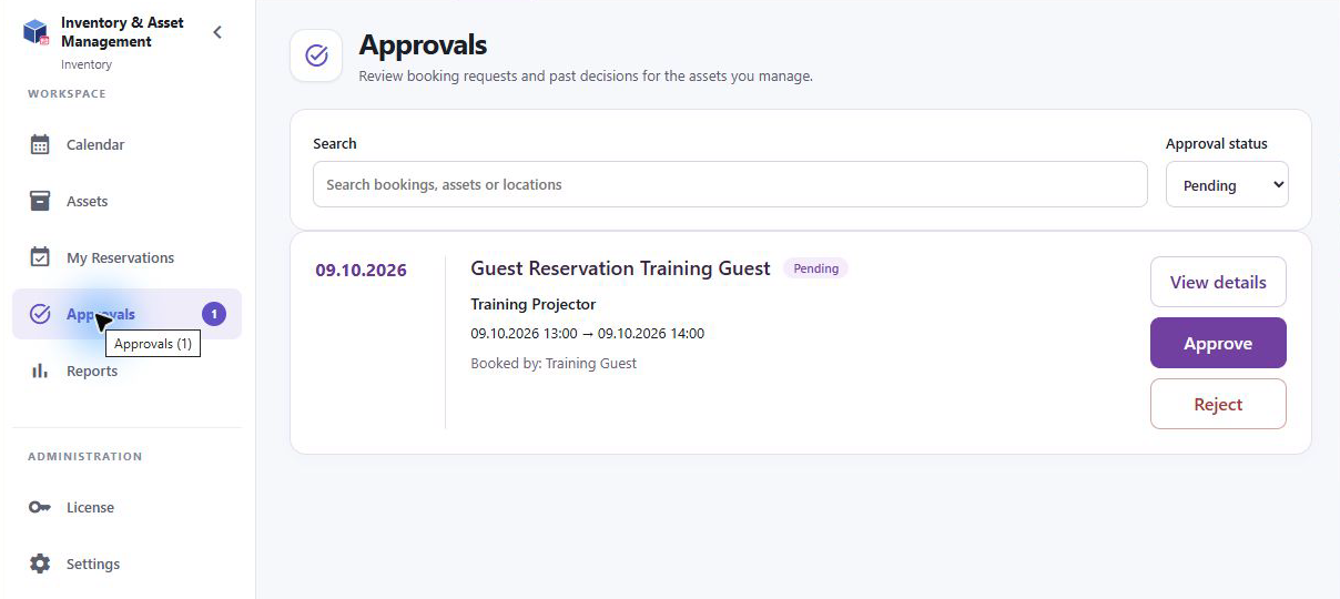 Max sees the submitted guest reservation in the Pending approval queue.